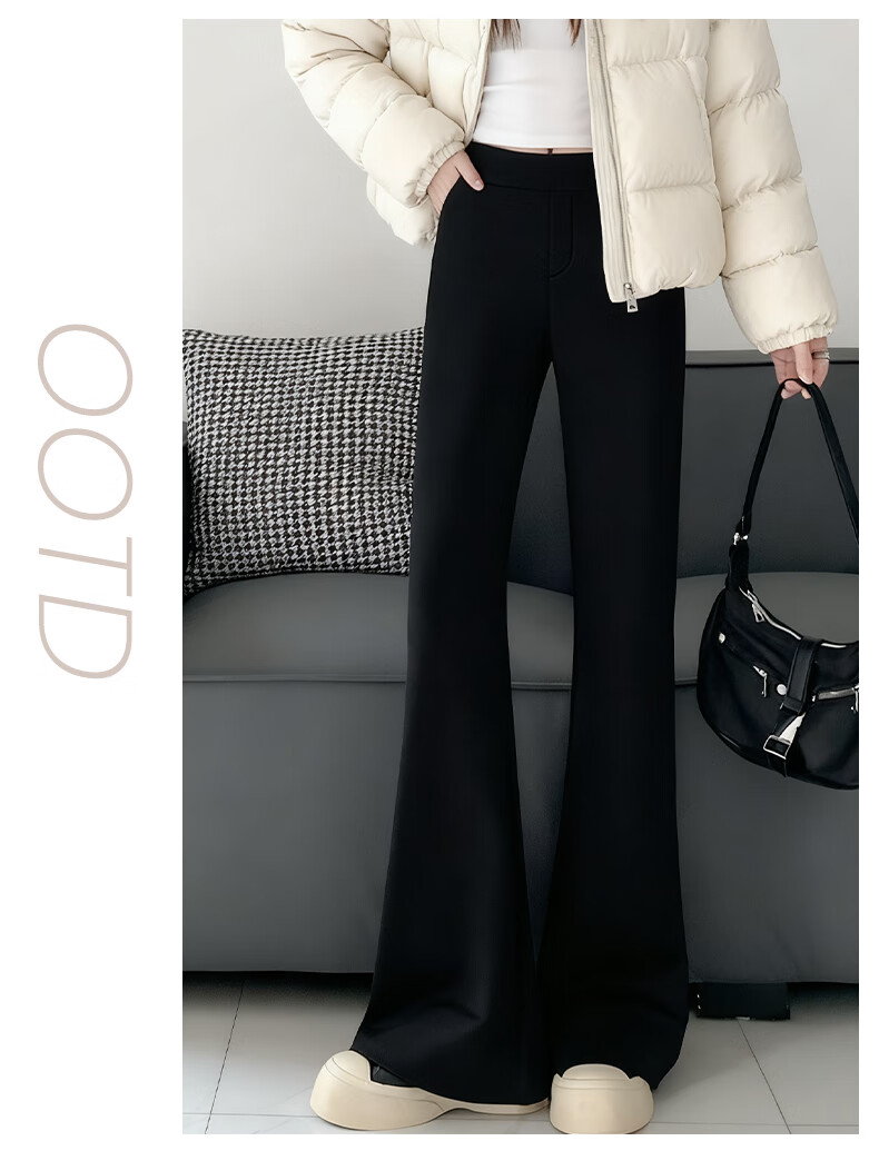 FitonTon Women's Black Flared Pants Winter 2025 New Thickened Fleece High Waist Slim Casual Trousers 3