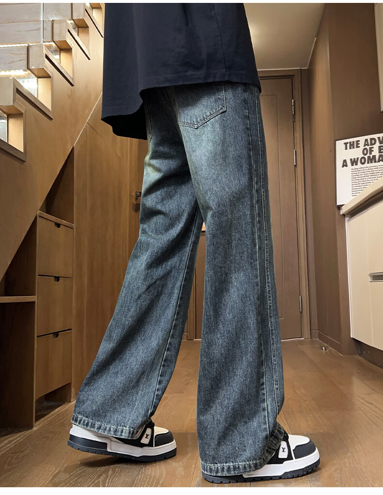 Paul Frank American-Style Jeans for Men, New Autumn Loose-Fit Micro-Bleached Pants, High Street Retro Trousers, Vintage Blue Regular Size L 3