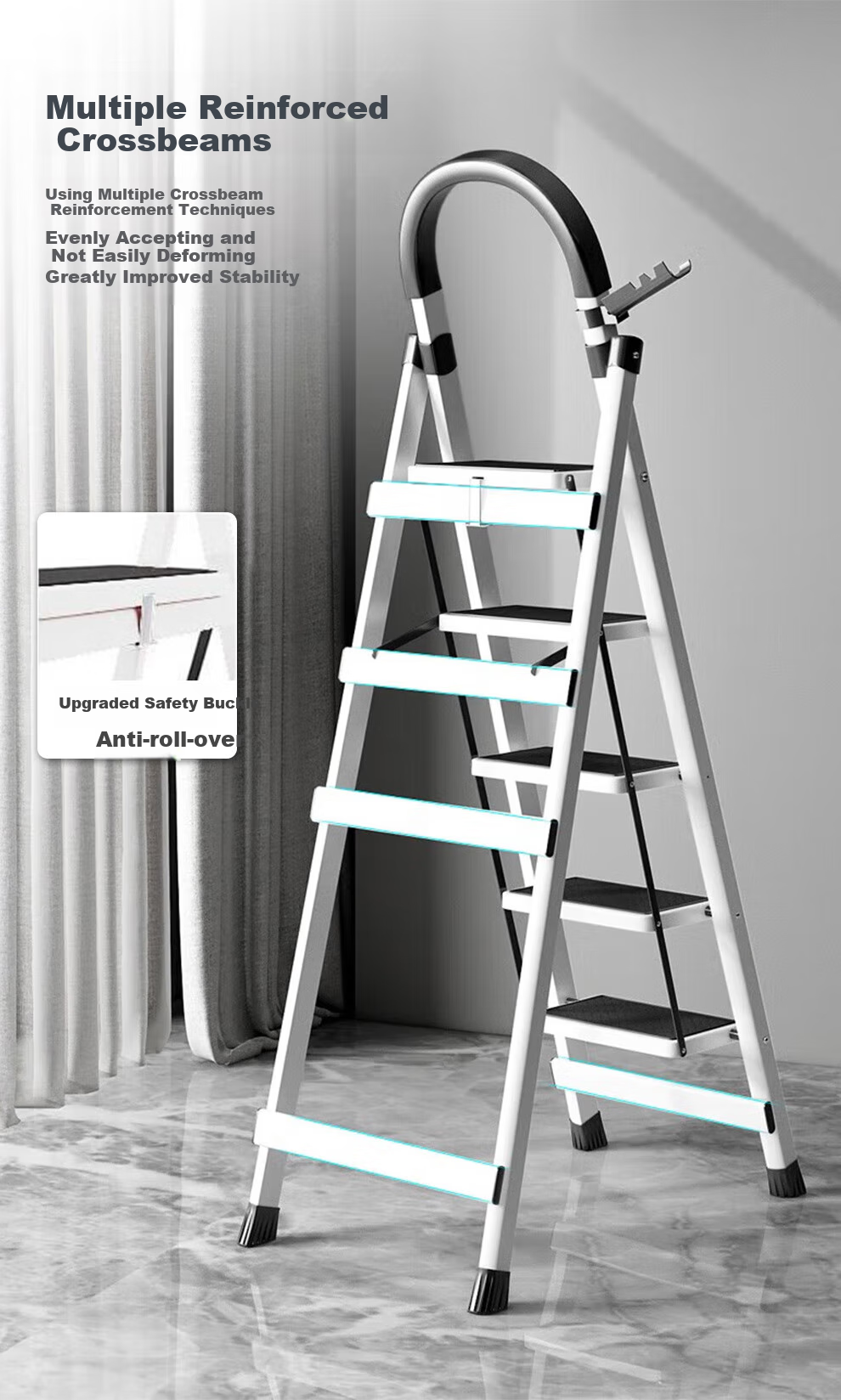Jiuqiangu Ladder for Home Indoor Use, Multifunctional Thickened A-Frame Ladder, Flower Stand Ladder, Three-Step Staircase, Folding Moving Ladder 8560 5