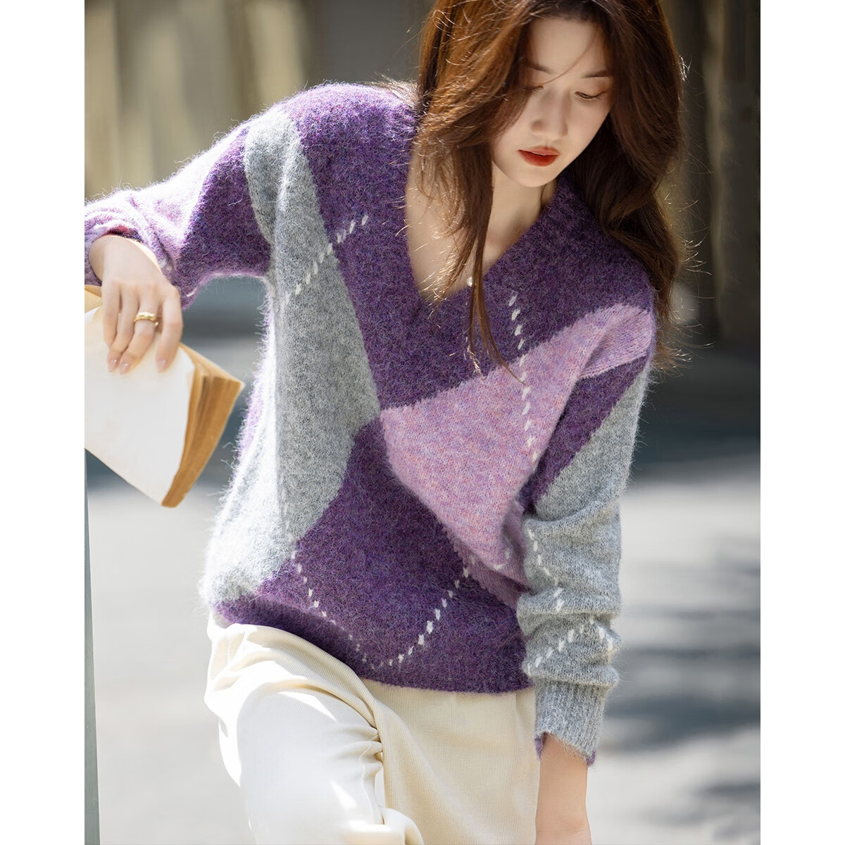 Demana Winter Vintage V-Neck Colorblock Argyle Wool Blend Ribbed Drop Shoulder Loose Knit Sweater for Women