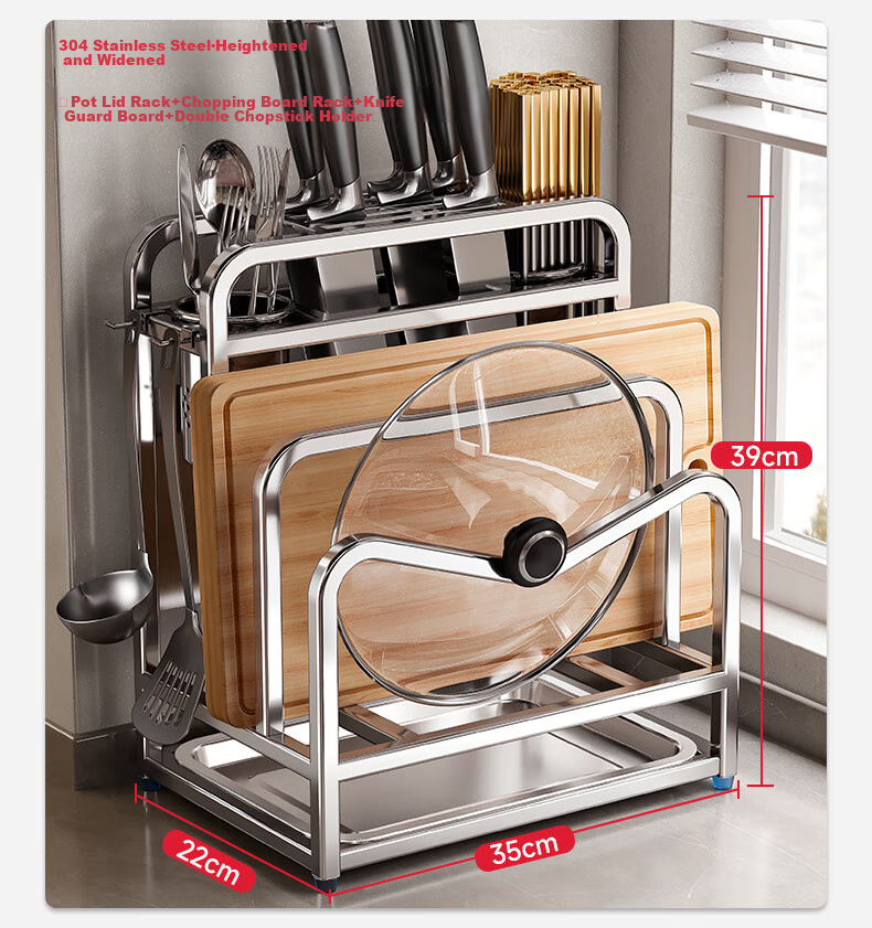 Meichuwuyu Knife Holder, 304 Stainless Steel Kitchen Storage Rack, Knife Block with Cutting Board, Integrated Chopping Board, Knife Storage Rack 22