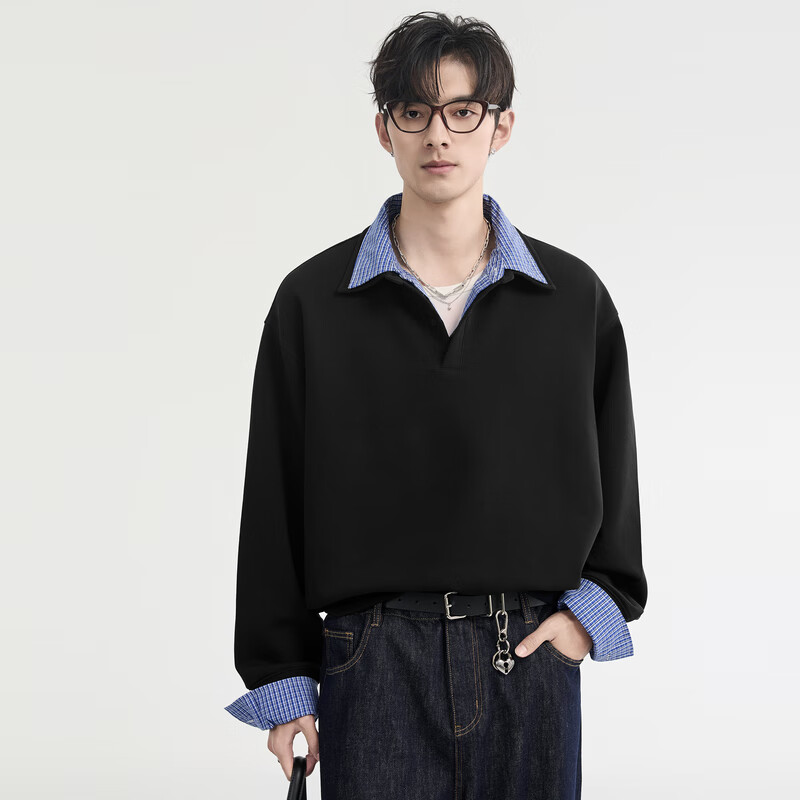 Earl Zore Premium Layered Shirt Collar Pullover Sweatshirt for Men Loose Casual Top