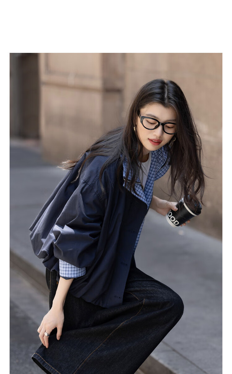 Dme [Soft Cotton Brushed] Autumn Urban Simple Double-Layer Lapel Color-Block Plaid Folded Loose Women's Coat 1