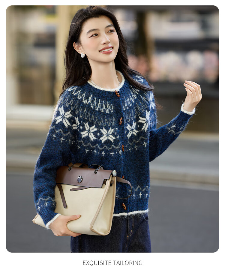 Bailuyu Vintage Colorblock Snowflake Wool Blend Cardigan Sweater Women Oatmeal S 2025 Autumn Winter New 2