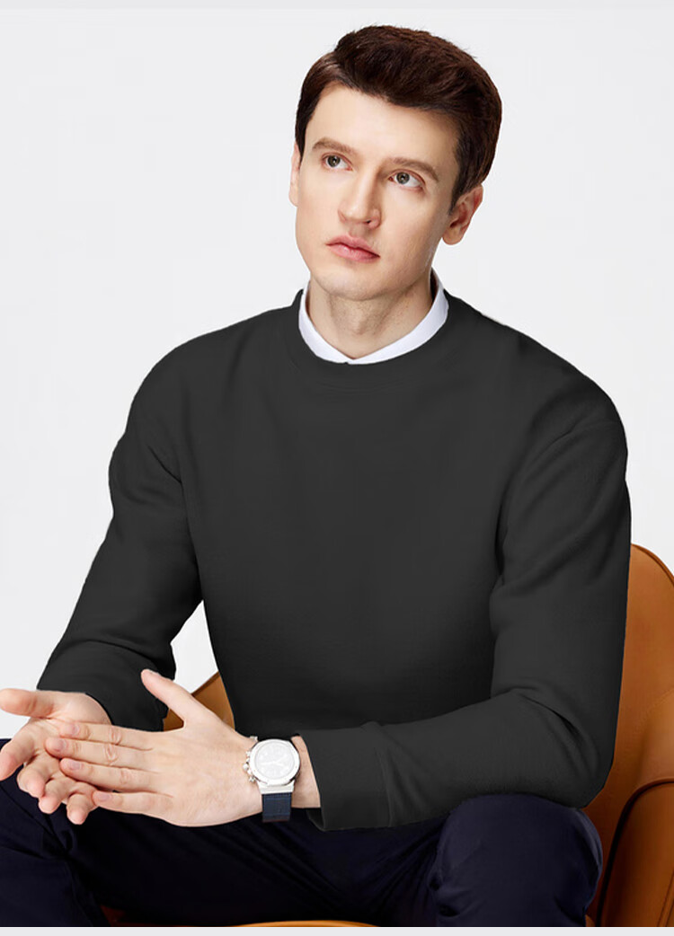 FIRS Fleece-Lined Thickened Men's Sweatshirt Autumn Winter Warm Skin-Friendly Business Casual Solid Color Crew Neck Top 3