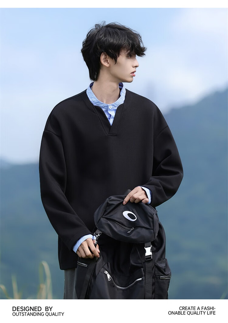 Homlean Men's American Casual Two-in-One Sweatshirt Autumn Loose Vintage Polo Shirt Versatile Top HP05 Ultimate Black 3XL 5