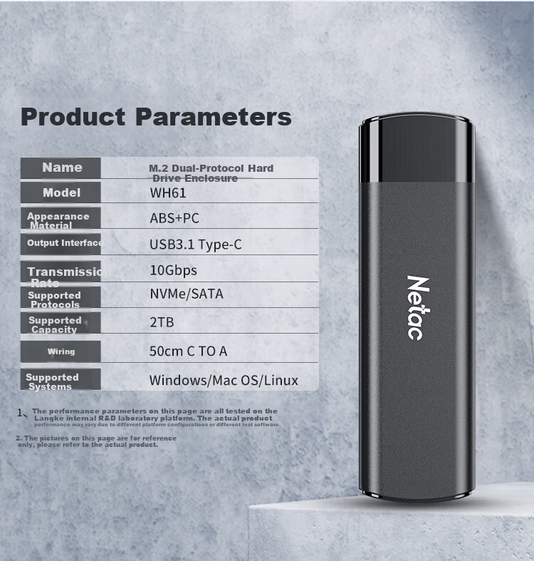 Netac M.2 NVMe/SATA Dual-Protocol External Hard Drive Enclosure, USB3.1 Interface, SSD External Case, Laptop M.2 Enclosure, WH61 CtoA 11