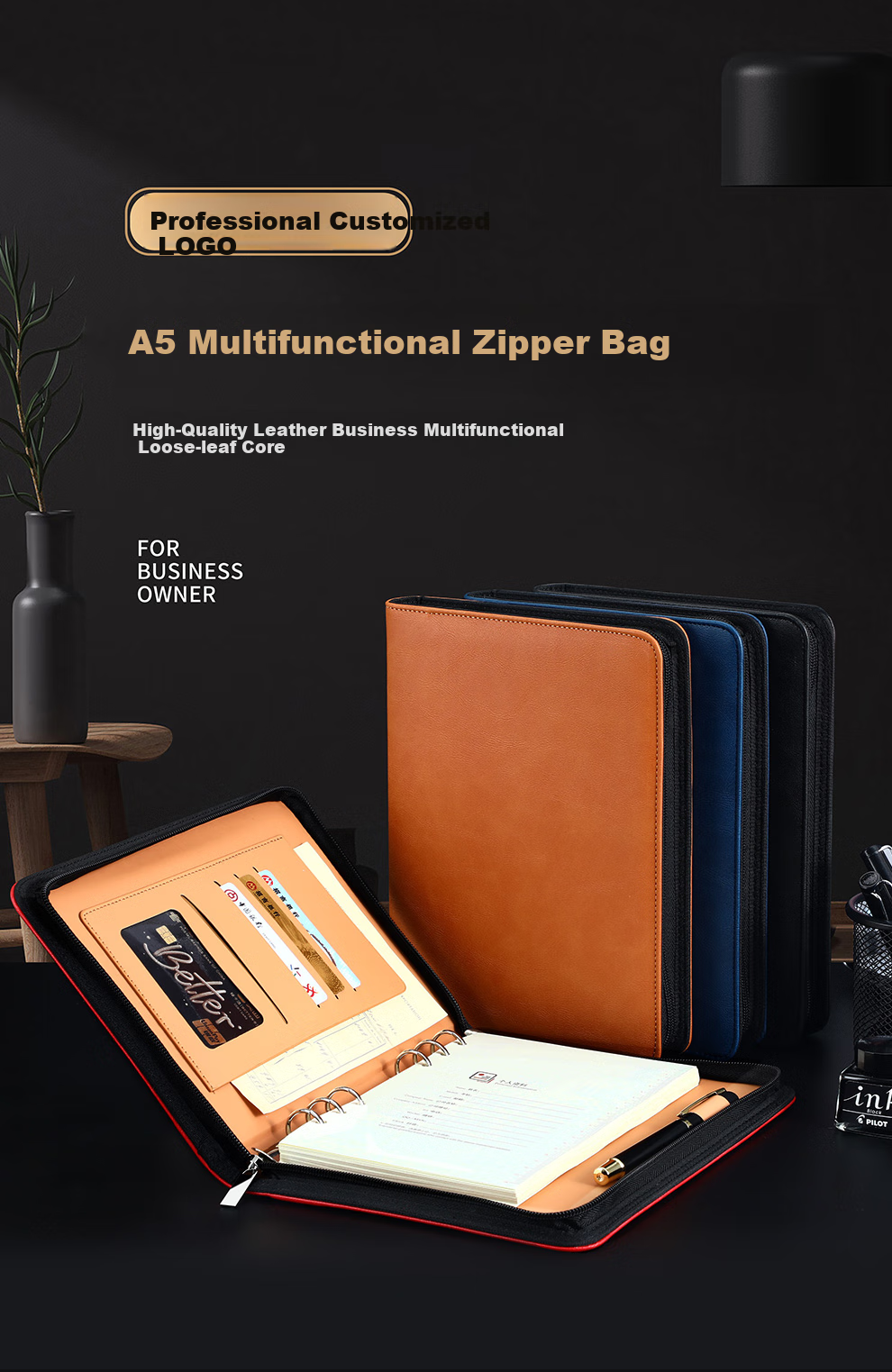 Jiaranheng A5 Business Loose-Leaf Notebook, Multifunctional Zipper Pouch, Detachable Refillable Pages, 25K Meeting Record Book, Work Diary, Black 1