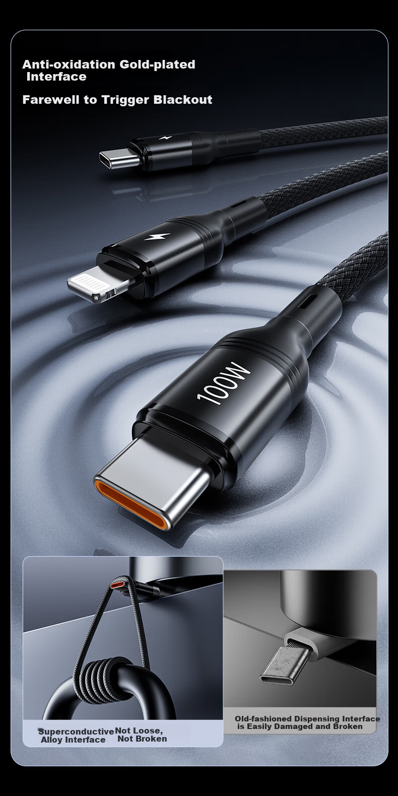 Nengshi Type-C Data Cable, Three-In Charging Cable, 100W Apple Fast Charge Compatible with IPhone17/16, Huawei Honor/Xiaomi, Car Charger C to 2C Three-In Cable, 1 Meter 7