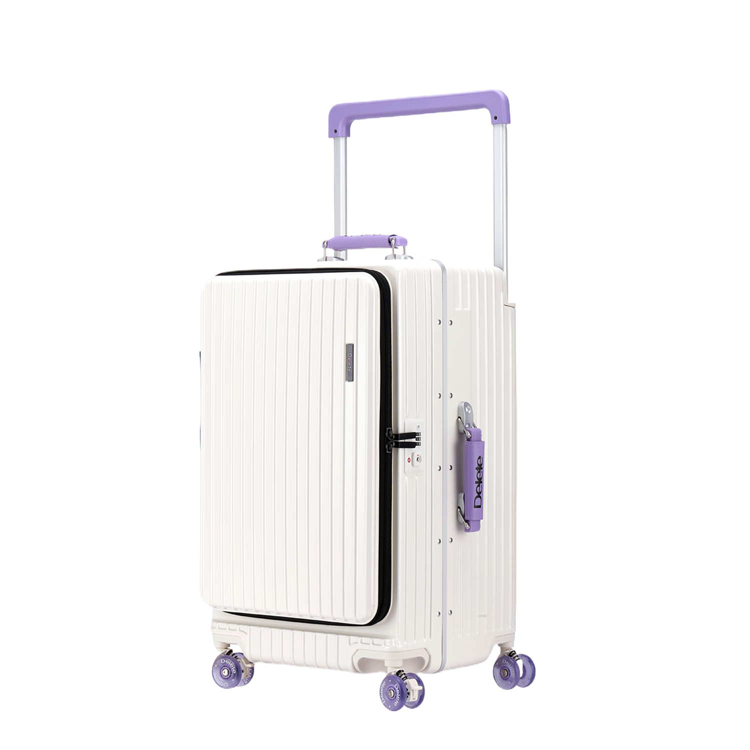 DELETE Side-Opening Wide Handle Carry-On Luggage, Large Capacity Check-In Suitcase, White & Purple, 28 Inches