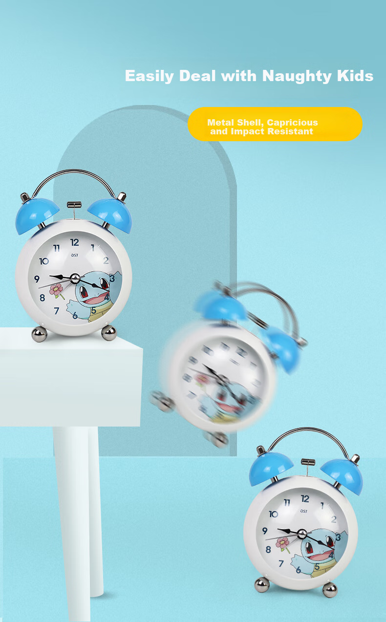 Mashi [Battery Included] Alarm Clock for Children, Cartoon Night Light, Loud Volume, Creative Elementary School Student Bedside Clock, Mechanical Bell Ringing, Lazy Person's Mini Metal Alarm Clock, Blue Gift 7