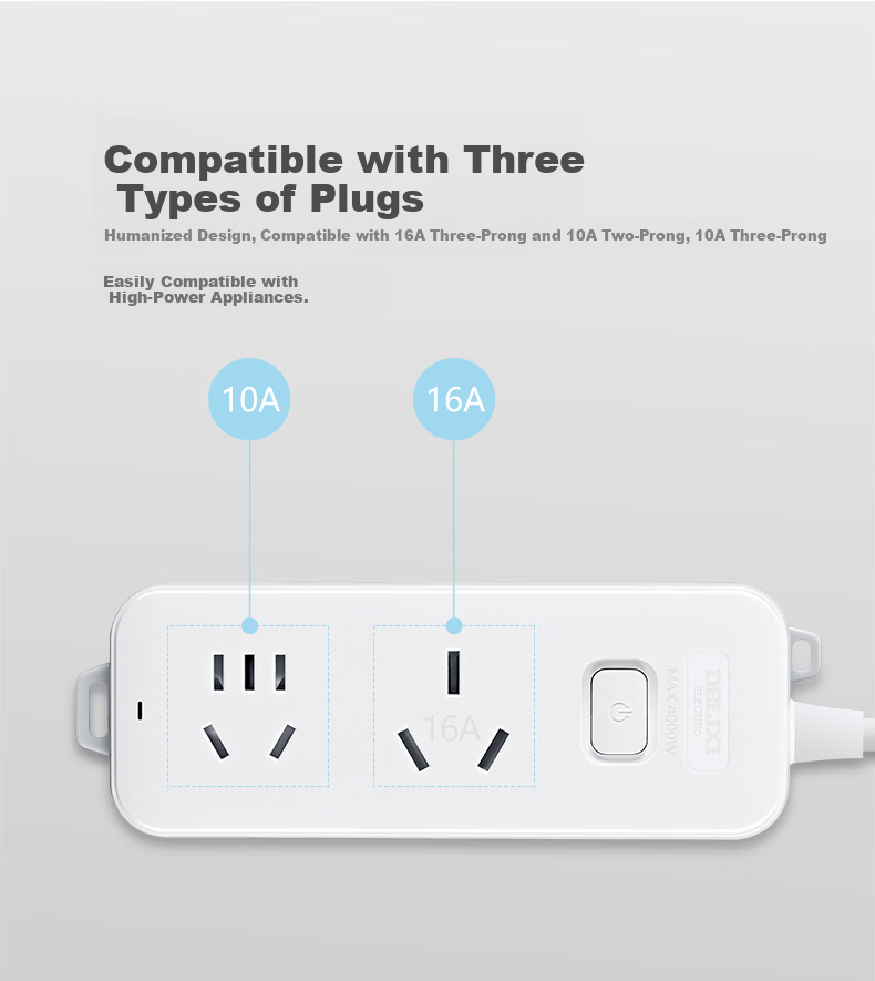 DELIXI 16A High-Power Air Conditioner Socket with 3C Certification, Power Strip with Switch/Power Bar/Extension Cord, 1 Master Switch, Total Length 0.8 Meters 8
