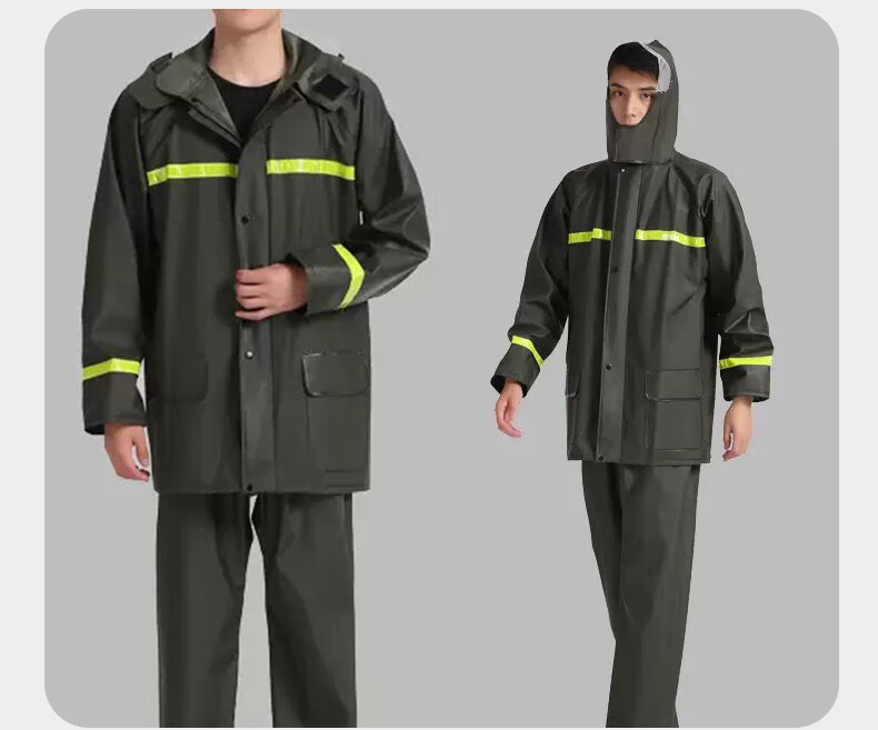 Gongqiyou Adult Reflective Raincoat Set Split Knitted Fabric Anti-Rainstorm Duty Traffic Construction Flood Control Suit Military Green XXL 2