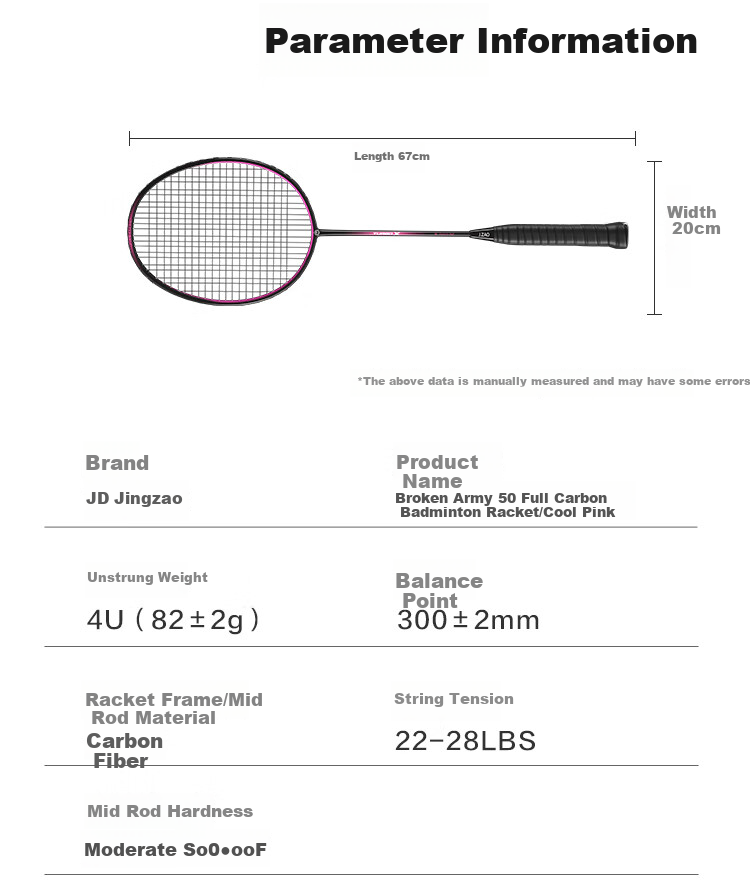 JD Original Full Carbon Badminton Racket, 4U Ultra-Light Baoyun 50 Cool Pink Single Racket, Free Grip Tape*2 + Racket Case 10
