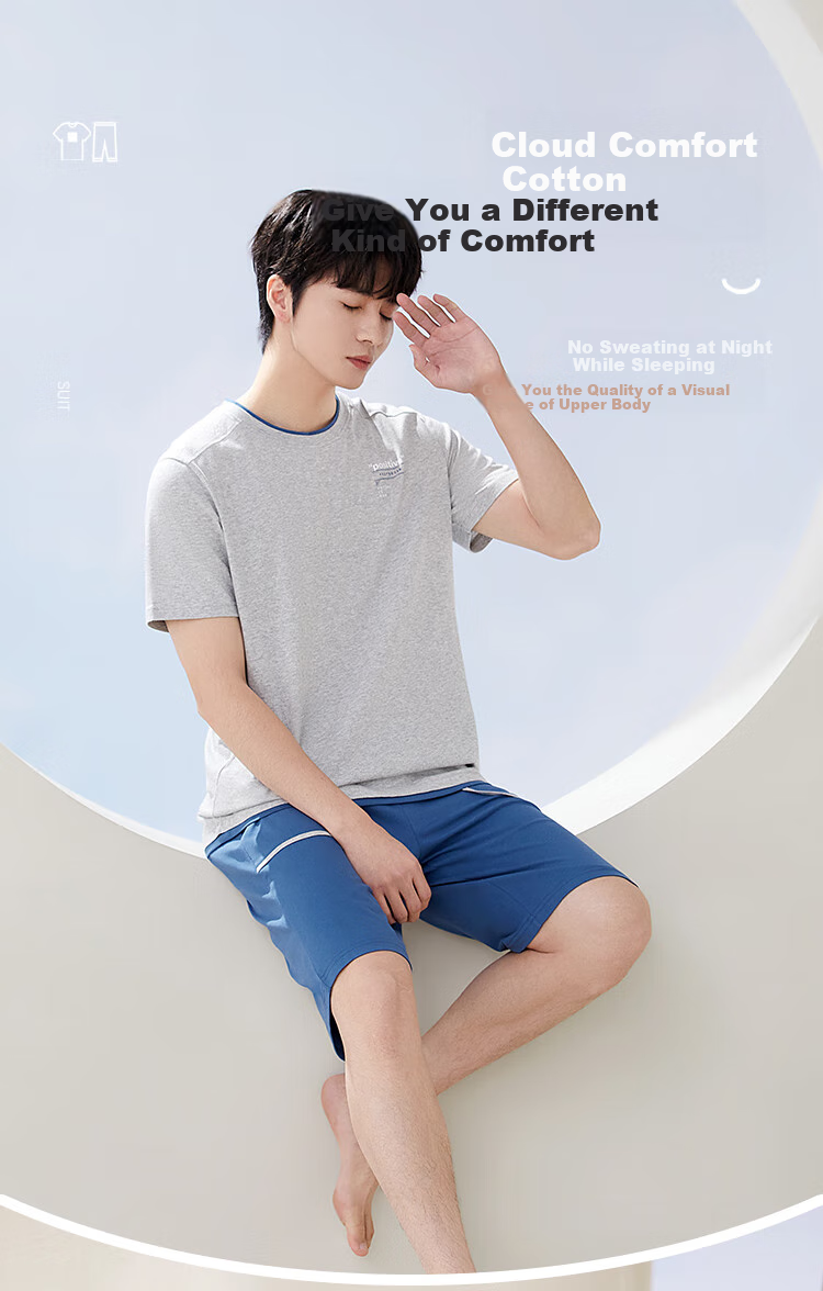Hongdoujujia Pure Cotton Pajamas for Men, Summer Short-Sleeve Round Neck Antibacterial Loungewear, Nia Blue 170/92A 5