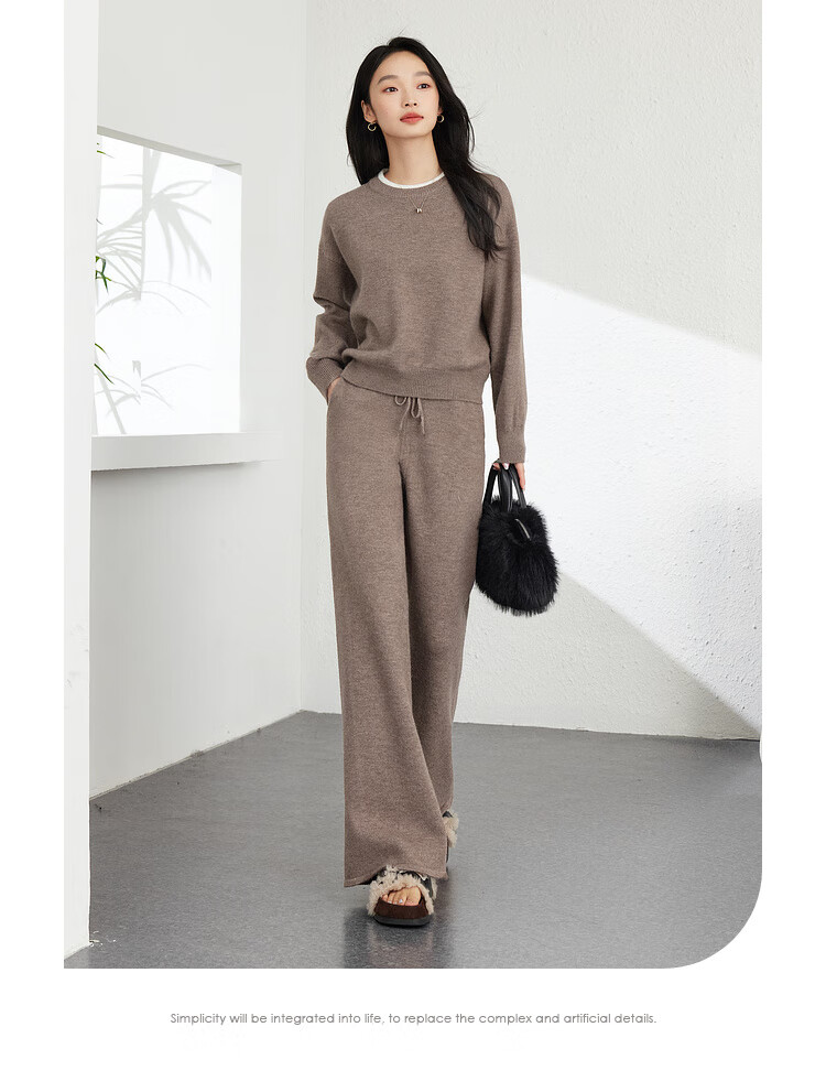 FANXIMAN Premium Wool Blend Knit Set Women Autumn New Top and Wide-Leg Pants Set Oatmeal M 3