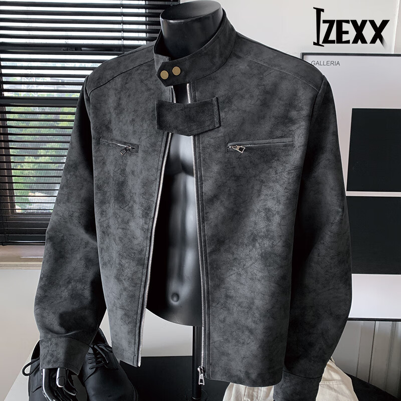 IZEXX Men's American Style Tie-Dye Jacket Autumn Winter Stand Collar Trendy Shoulder Motorcycle Leather Jacket ZGJ58 Black XL