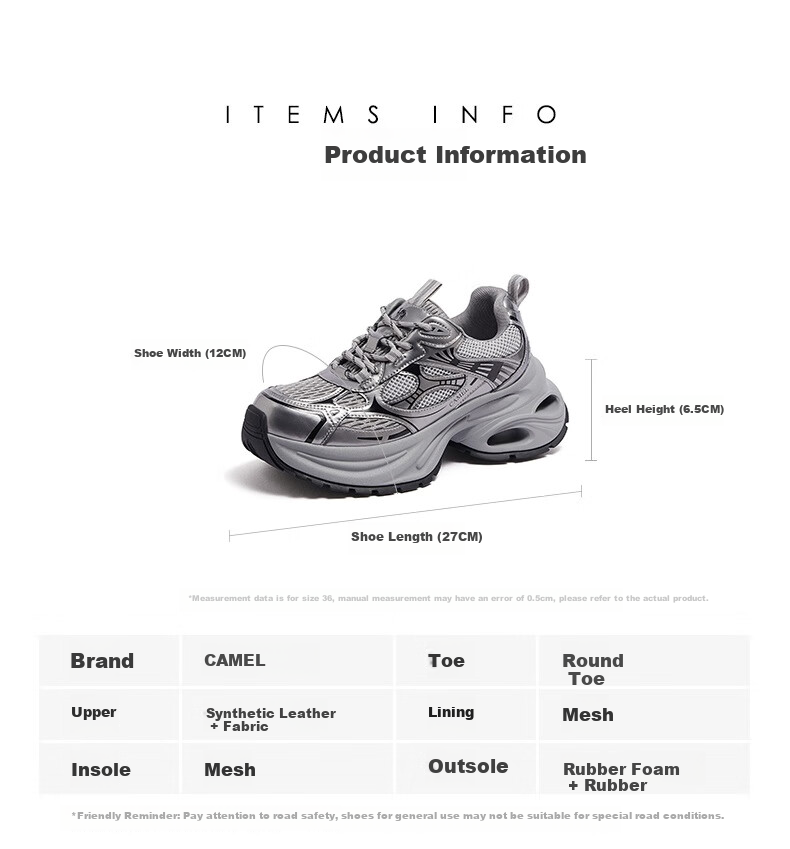 CAMEL Silver Dad Sneakers Women Breathable Mesh Height Increasing Thick Sole Sports Casual Shoes L25A283140 Gun/Black 40 21