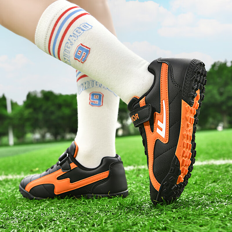 Huili Soccer Shoes with TF Turf Studs And Velcro, Slip-On for Men, Women, Children, Students, School Fields And Lawns, Model 595, Black Orange, Size 36