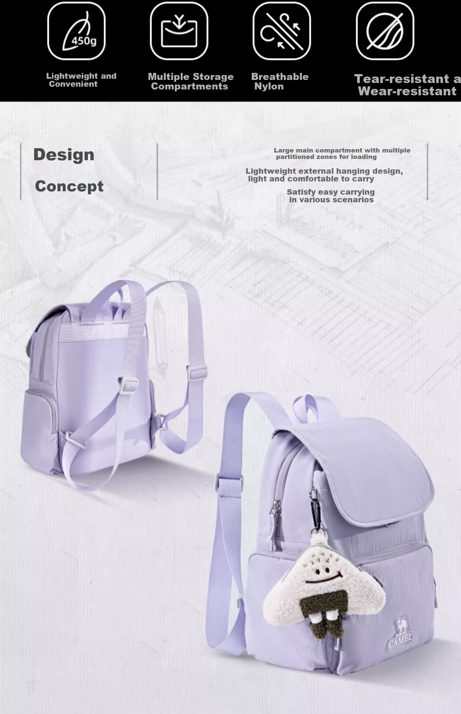 CAMEL Large Capacity Backpack College Student Hiking Travel Outdoor Casual Laptop Bag Light Mineral Green 2