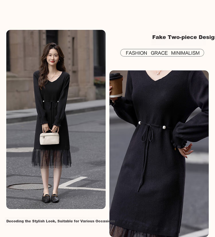 Dme [Retro Sweet Lady] Spring And Autumn Gentle Style Faux Two-Piece Pearl Drawstring Mesh A-Line Dress 5