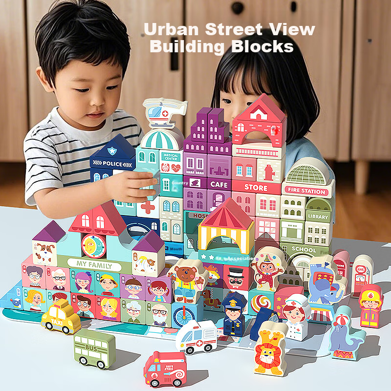 Muwanzi 186-Piece Urban Street View Large Particle Building Blocks, Children's Toy for Boys And Girls, Educational Assembly Set, Bucket-Shaped Holiday Gift