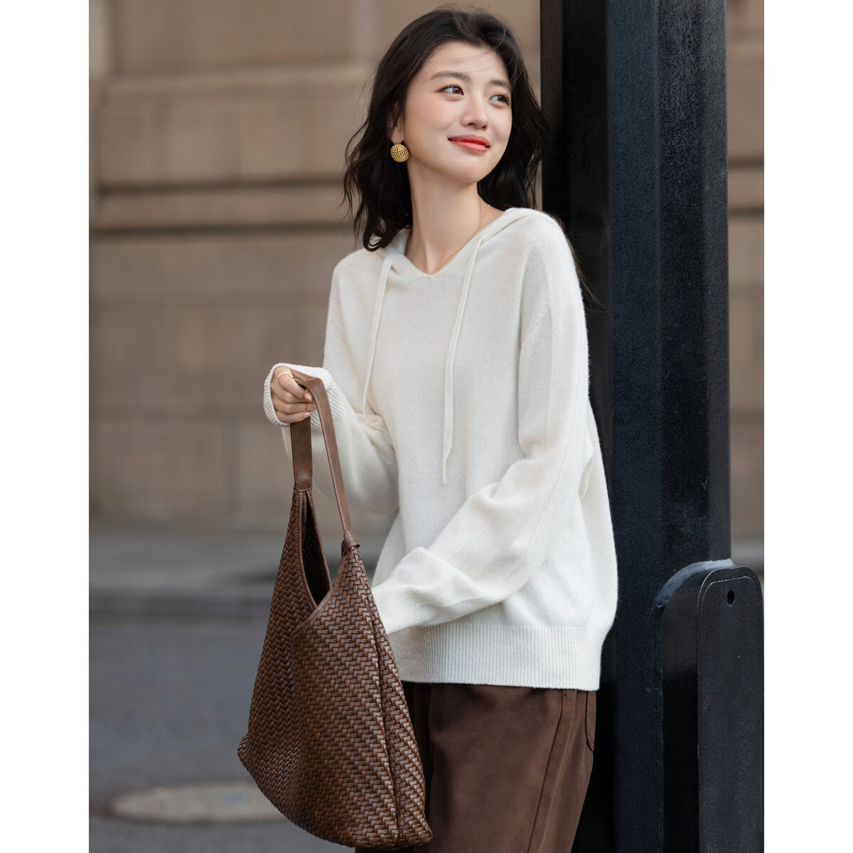 Demana Seamless 100% Merino Wool Winter Simple Hooded Drop Shoulder Loose Knit Sweater for Women