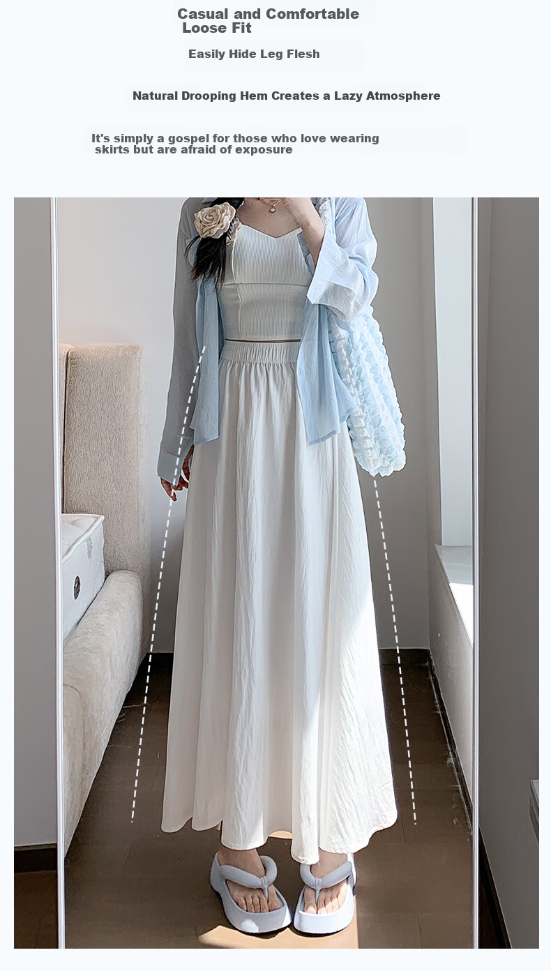 Langsha Women's Summer High-Waist Draped A-Line Skirt Loose Comfortable Elastic Waist Casual Slimming Skirt 7