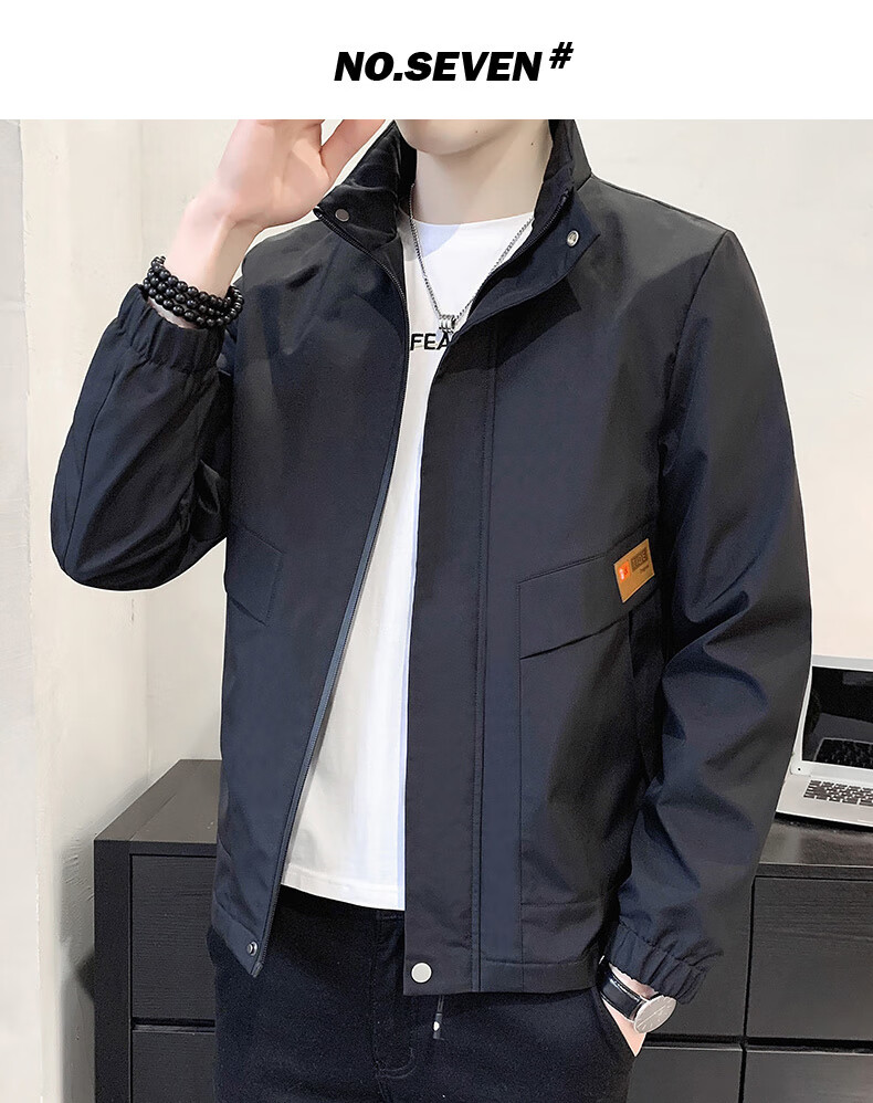Jeanswest Men's Outdoor Sports Jacket Spring Autumn Coat Stand Collar Loose Workwear Windproof Casual Trendy Versatile Black 2XL 1