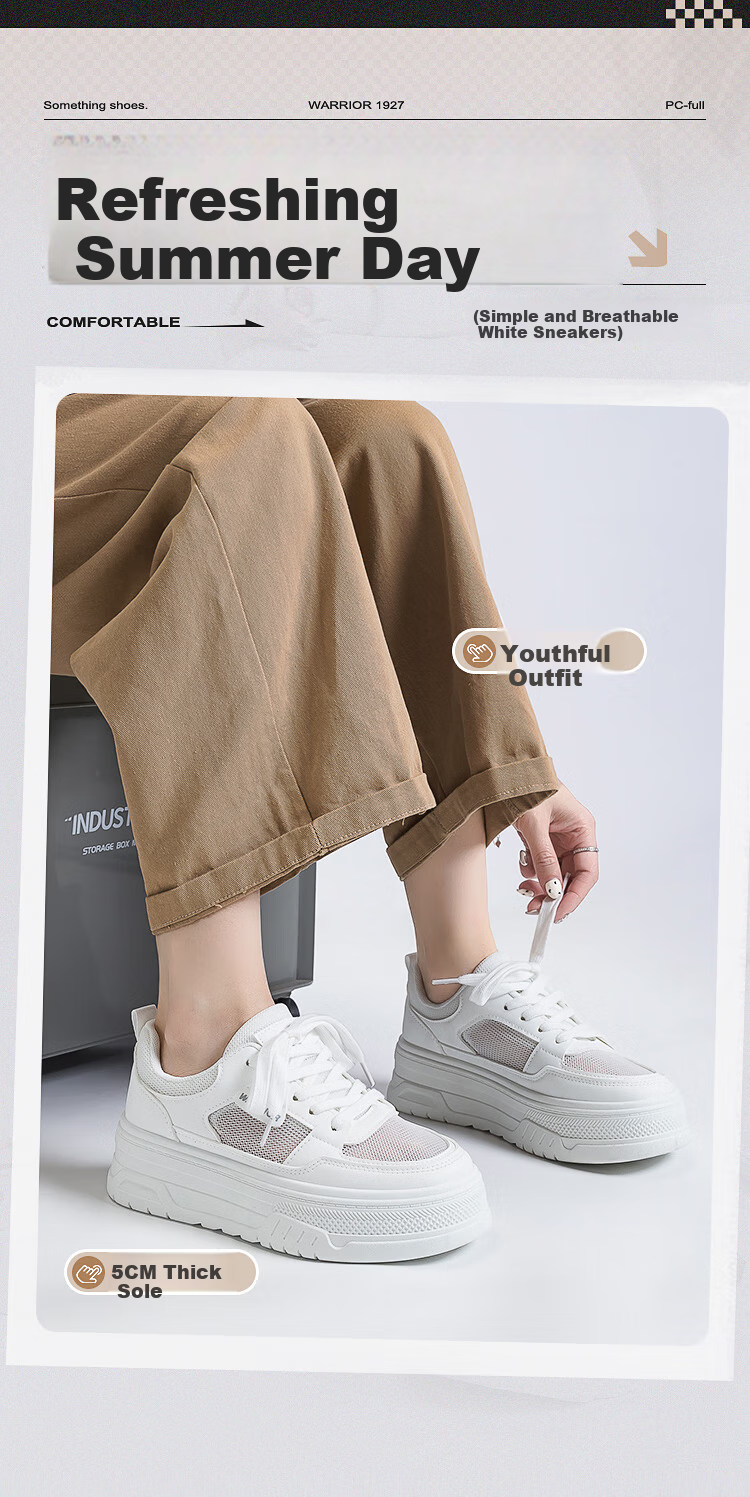 Huili Official Women's Sneakers, Summer 2026 Thick-Soled Heightening White Shoes, Breathable Mesh Shoes for Women, Beige, Size 36 1