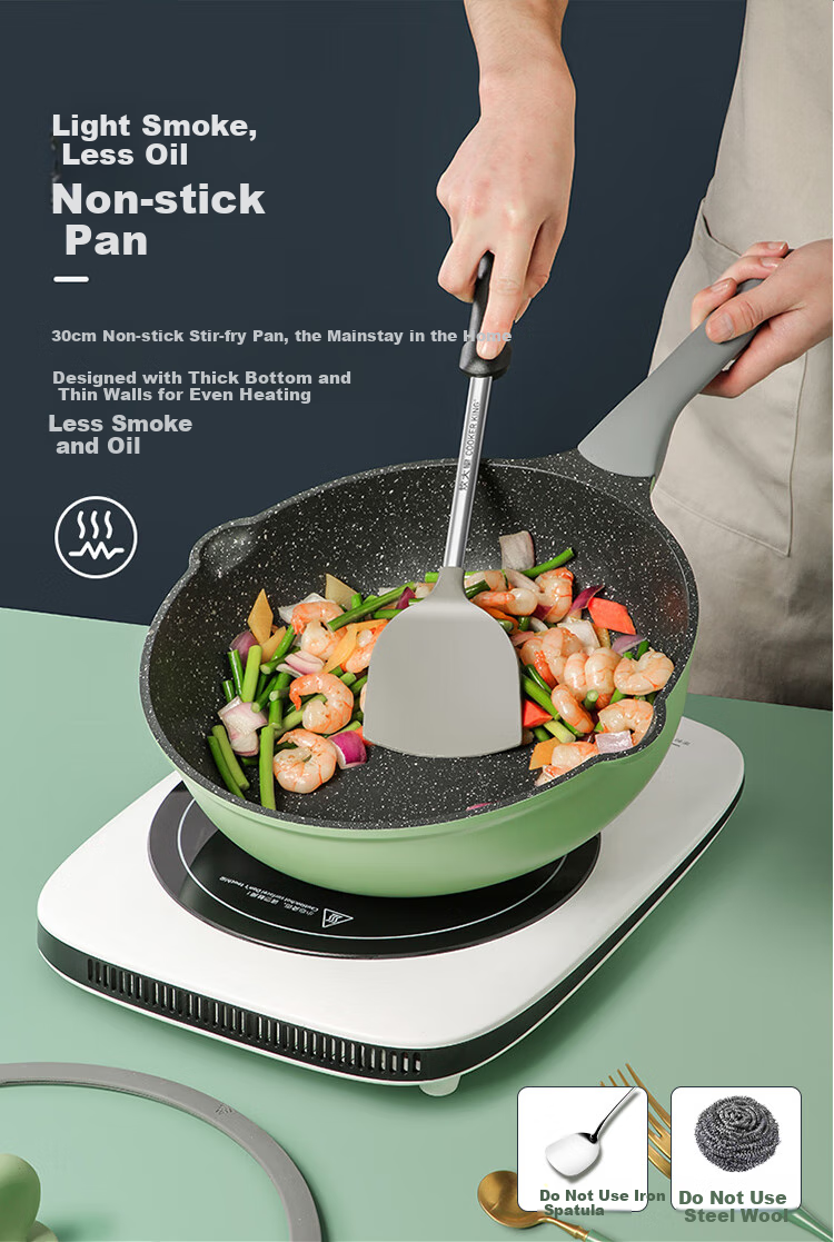 COOKER KING Cookware Set Non-Stick Wok Frying Pan Milk Pot Three-Piece Set Compatible with Induction Cooker Bamboo Green Stone B50045 4