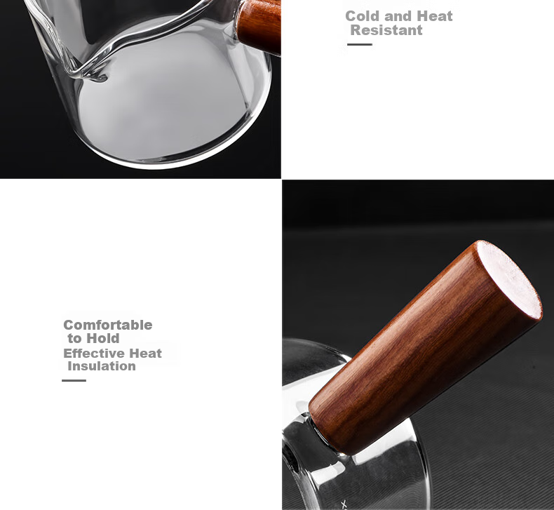 CLITON Japanese Style Wooden Handle Glass Milk Jug Heat-Resistant Measuring Cup Latte Art Cup with Scale Single Spout Milk Pitcher 75ml 9
