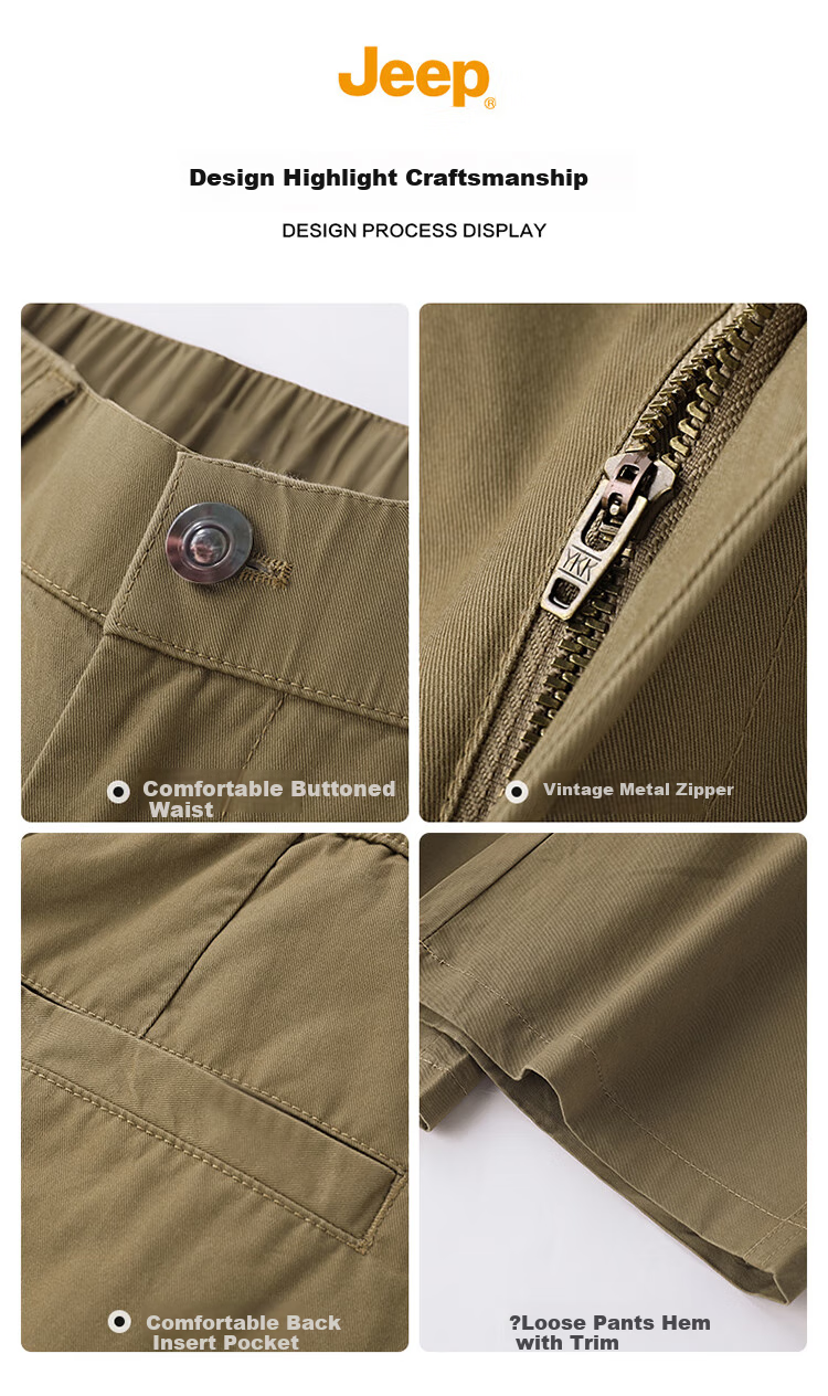 JEEP Casual Pants for Men, Spring And Summer Straight-Leg Loose Pure Cotton Cargo Pants, Trendy Men's Trousers, Khaki Color, Size 34 2