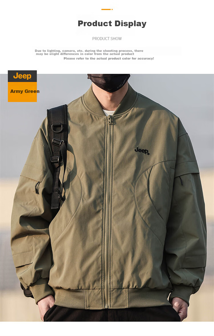 JEEP Men's Jacket, Spring And Autumn Trendy Baseball Coat, Casual Loose Workwear Clothing for Men, Army Green, Size M 9
