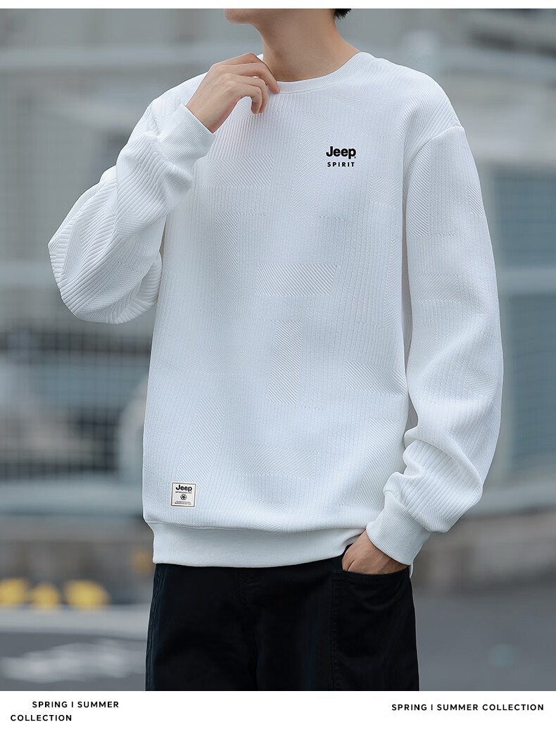 JEEP SPIRIT Men's Round Neck Sweatshirt, Loose-Fitting Long-Sleeve T-Shirt for Spring And Autumn, Fashionable Textured Jacquard Casual Top, Men's Clothing 5