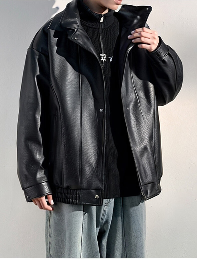 Wu Huang Cat Autumn Winter American Style Retro PU Leather Lapel Casual Jacket Men Fake Two-Piece Coat WJ13 Black L 1