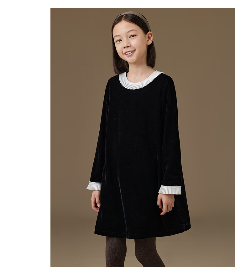 Hacikis Kids Autumn Winter French Hepburn Style Children's Lace Velvet Girls Long Sleeve Dress Thick Mousse Black 160 9