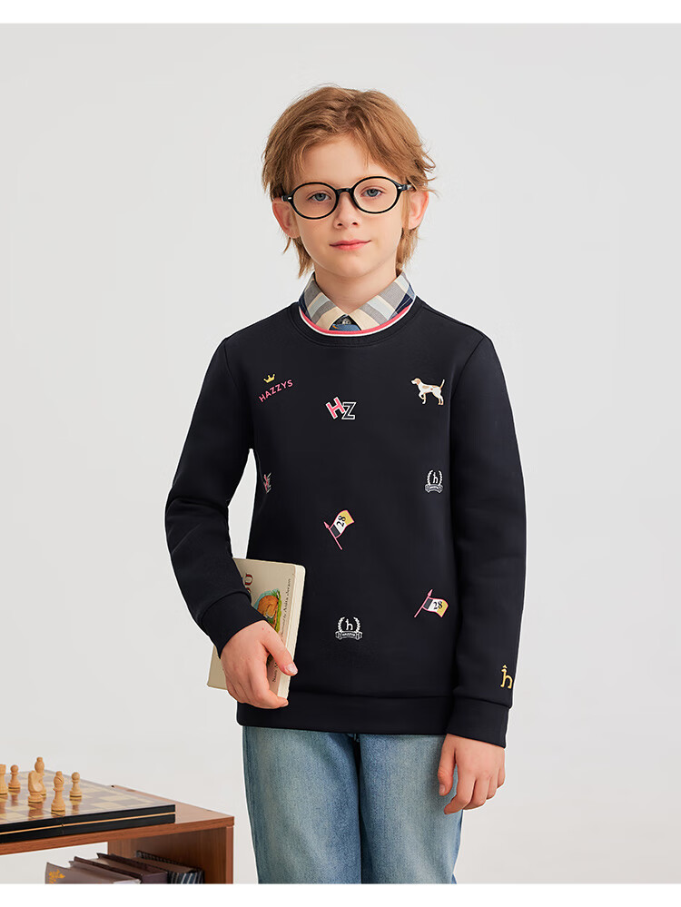 HAZZYS Brand Boys' Knitted Solid Color Double-Sided Embroidered Logo Sweatshirt, Spring New Style, Navy Blue, Size 130 5