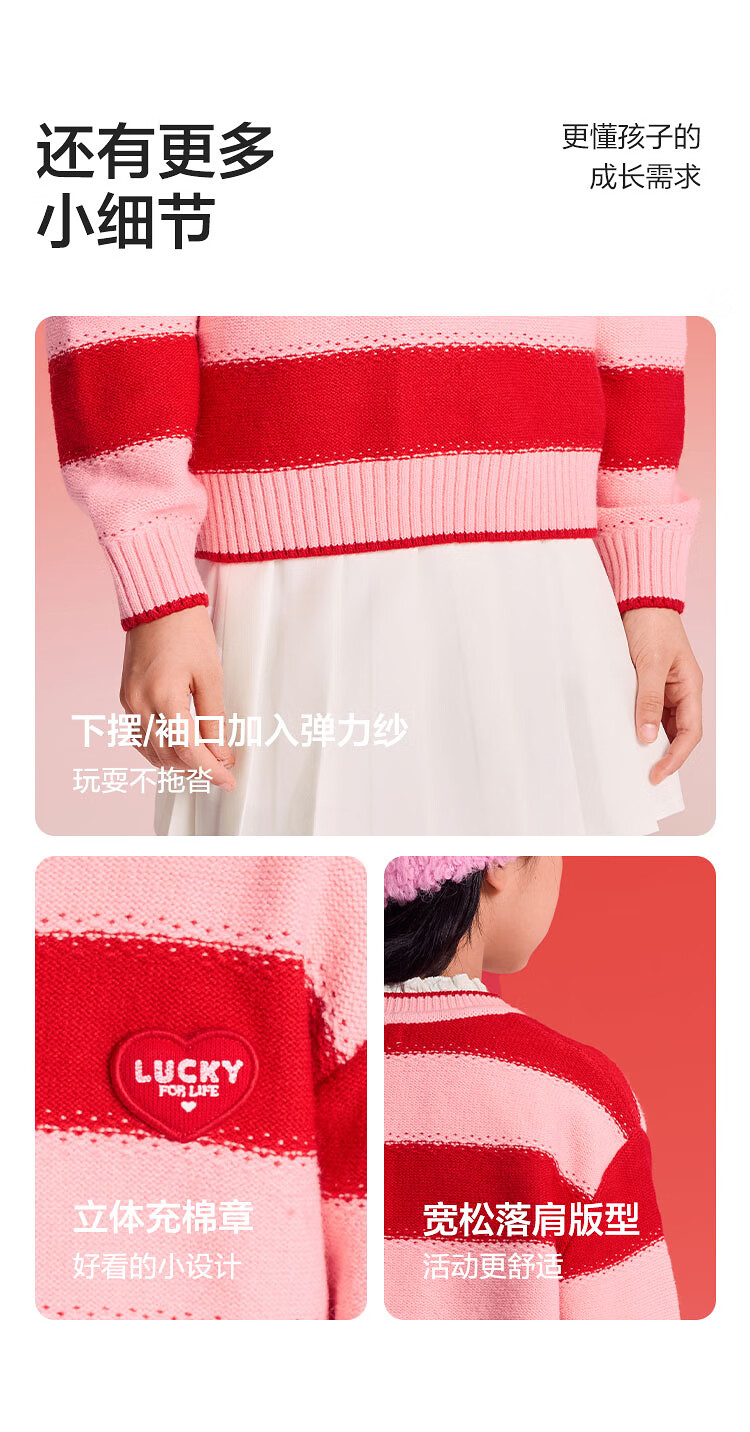Balabala Kids Red Sweater Girls Round Neck Drop Shoulder Jacquard Knit New Year Greeting Pullover 1