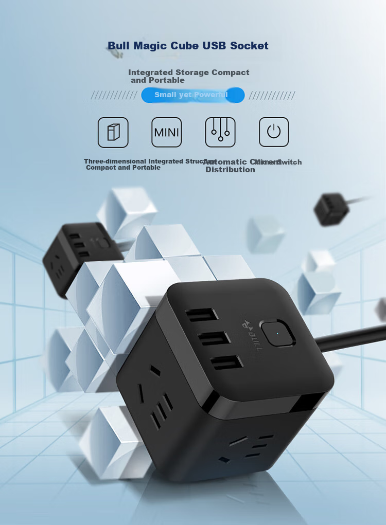 BULL Cube USB Power Strip/Extension Cord/Power Bar/Outlet Strip 3 USB Ports + 3 Sockets, 3 Meters Long, Black, GN-U303H Master Switch 1