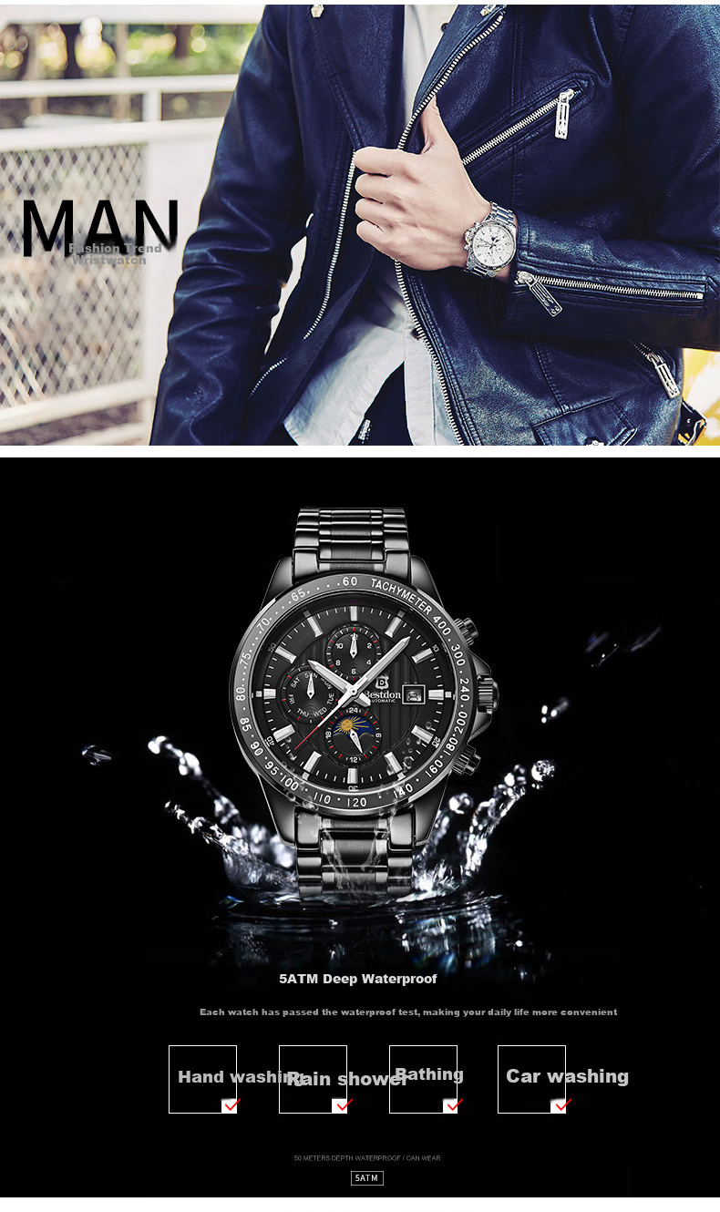 Bestdon Men's Mechanical Watch, Fashionable Trendy Wristwatch Gift Box for Me 6
