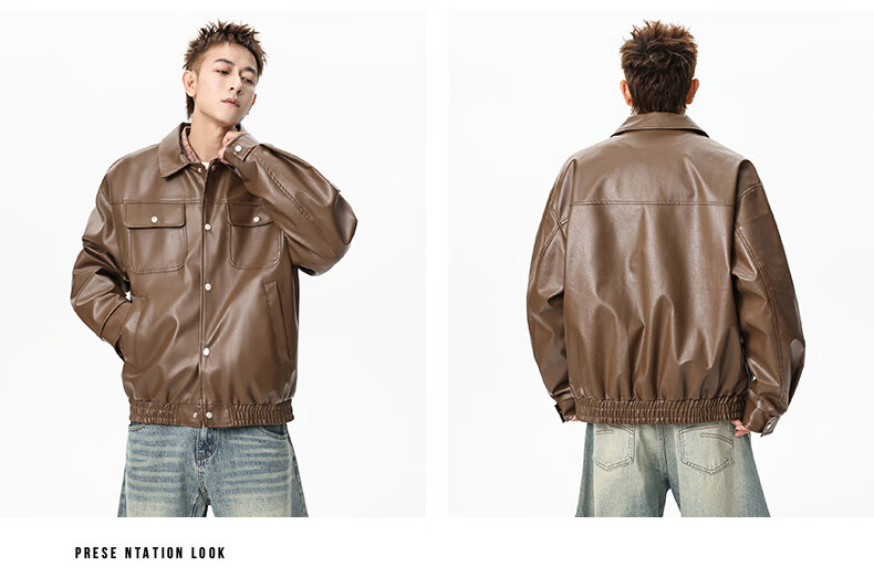 CLOR American-Style Waterproof Motorcycle Leather Jacket for Men, Spring And Summer Trendy PU Leather Jacket, Versatile Casual Outerwear, PY02 Brown, Size L 8