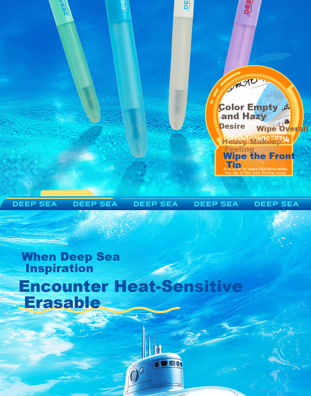 Dianshi Pen, Deep Sea Submarine Thermal Erasable 0.5 Retractable Gel Pen, Quick-Drying Silent Large Capacity for Third Grade Students Back-To Season [Crystal Blue] 3214E 2
