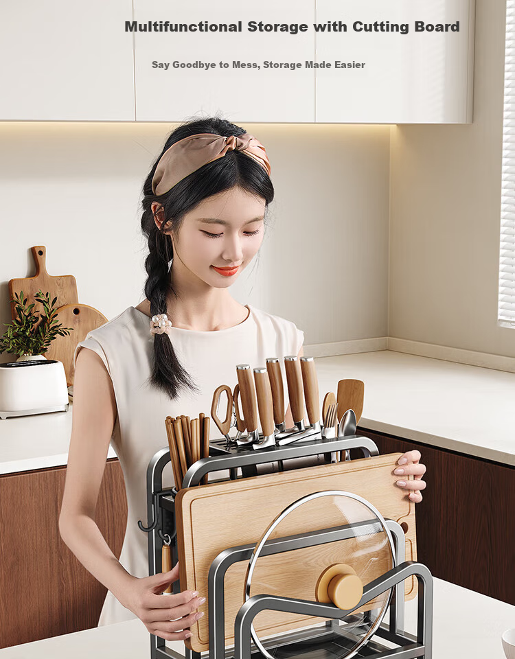 Cobbe Knife Holder, Stainless Steel Kitchen Storage Rack, for Knives, Chopsticks, Countertop, Pot Lids, Cutting Board, All-In Chopping Block, Knife Storage Rack 17