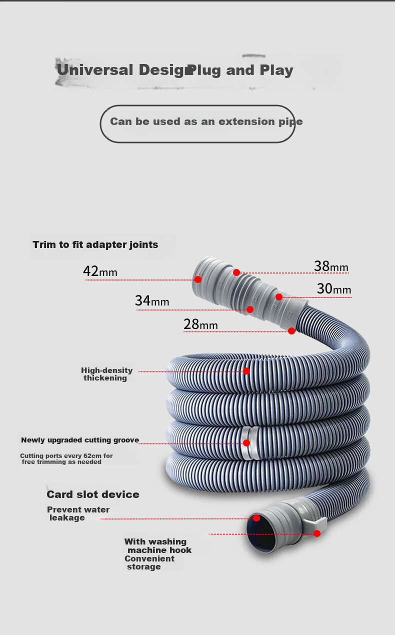 Xinfei Universal Pulsator Washing Machine Drain Hose, Extension Pipe, Washing Machine Outlet Hose, Flexible Pipe, Compatible with Haier, Xiaotiane, Midea And Others, with Clamp, 1.5 Meters 1