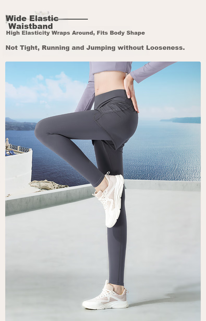CAMEL Elastic Faux Two-Piece Fitness Pants for Women, High-Waisted Tight Running Trousers, Y23BA4L0029C, Misty Gray, XL 6