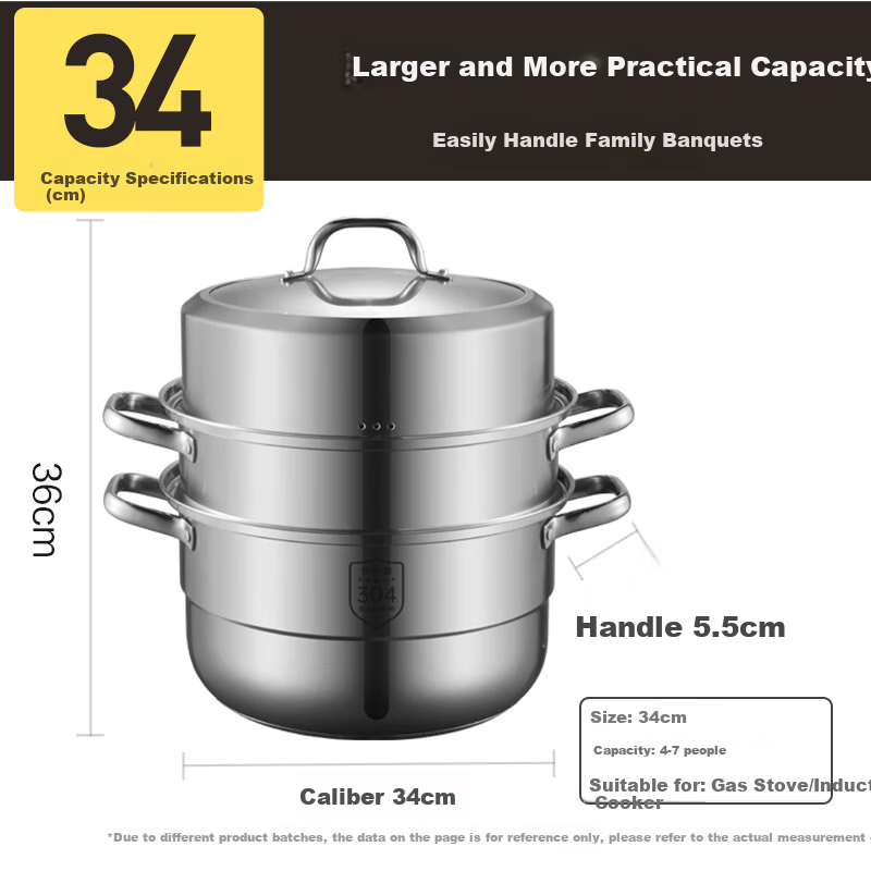 COOKER KING 304 Stainless Steel Three-Layer Steamer Pot, Household Composite Bottom Soup Pot, Suitable for Steaming Buns And Dumplings, Visible And Upright High-Arch Lid, 34cm