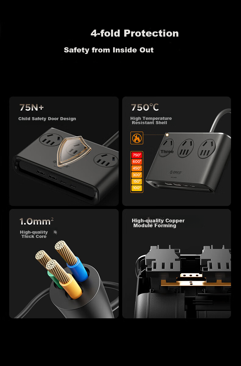 ORICO [Compatible with IPhone 18] Small Square Power Strip, 10-Outlet Desktop Charging Station, USB Socket Extension Cord, Fast Charger, Power Strip, Total Length 1.8 Meters, Black 10