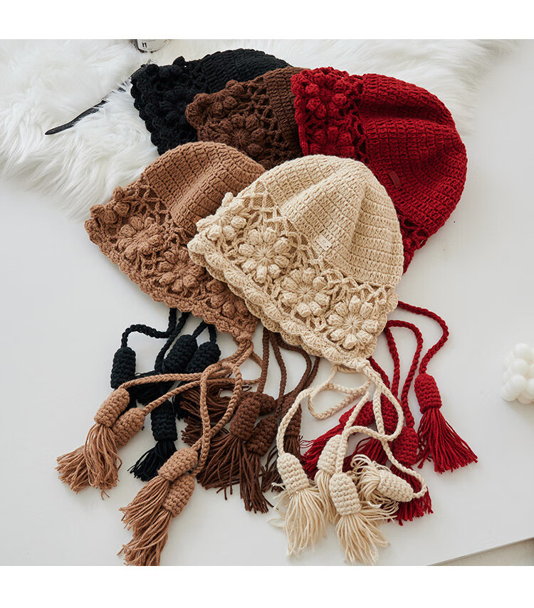 Zhenxiang Women's Spring Autumn Woolen Hat Flower Hand-Crocheted Knit Hat Travel Photo Outfit Birthday Gift Z868 10