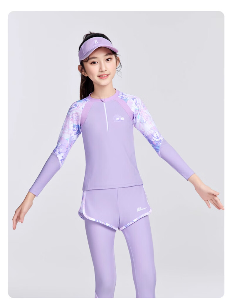 Huili Children's Swimsuit, Girls' Long-Sleeve Swimwear, for Older Kids And Girls, Two-Piece Swimming Costume 35342H1M, Purple, Size 135 10